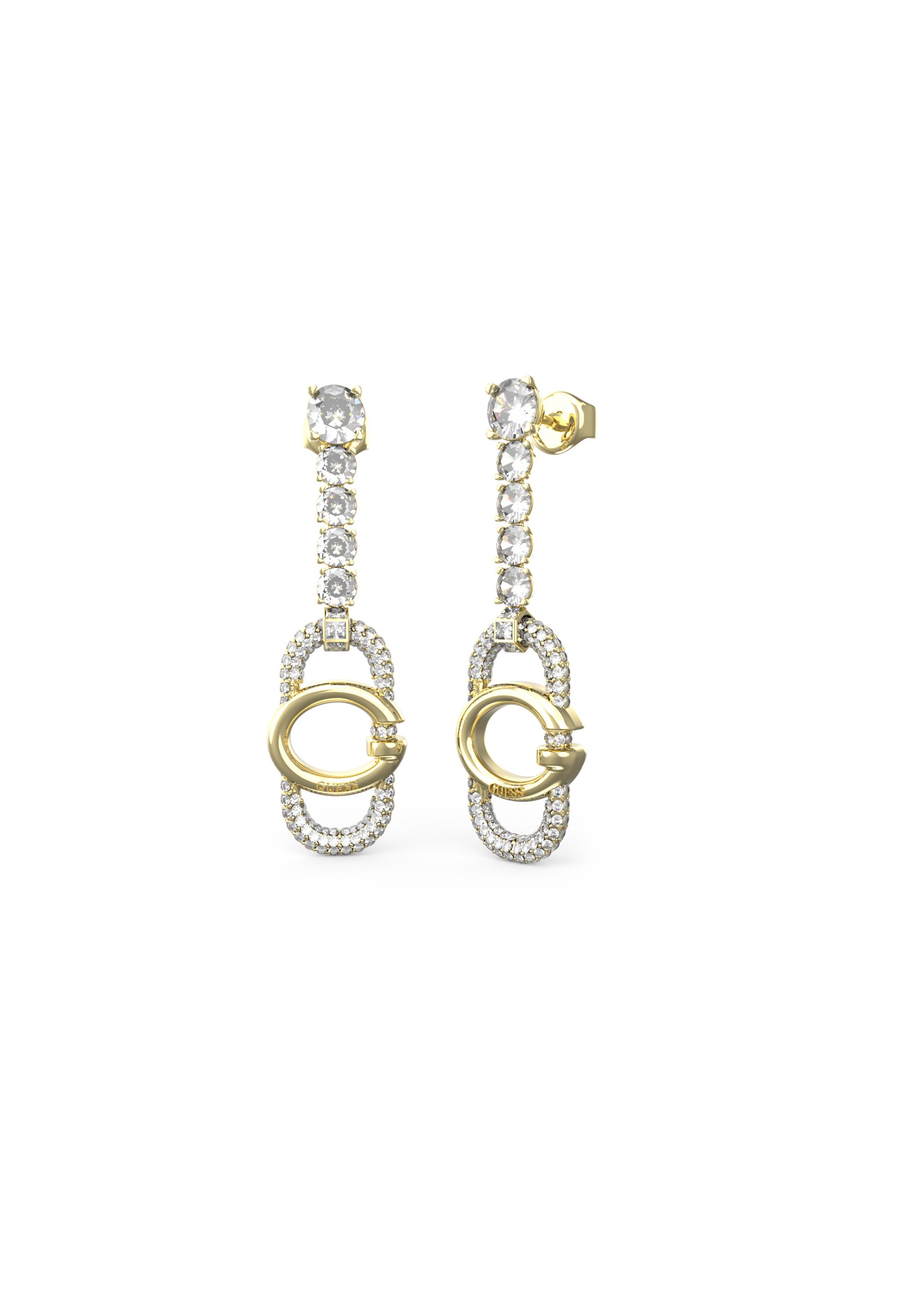 GUESS G LOGO SILVER, GOLD & CRYSTAL TENNIS EARRINGS