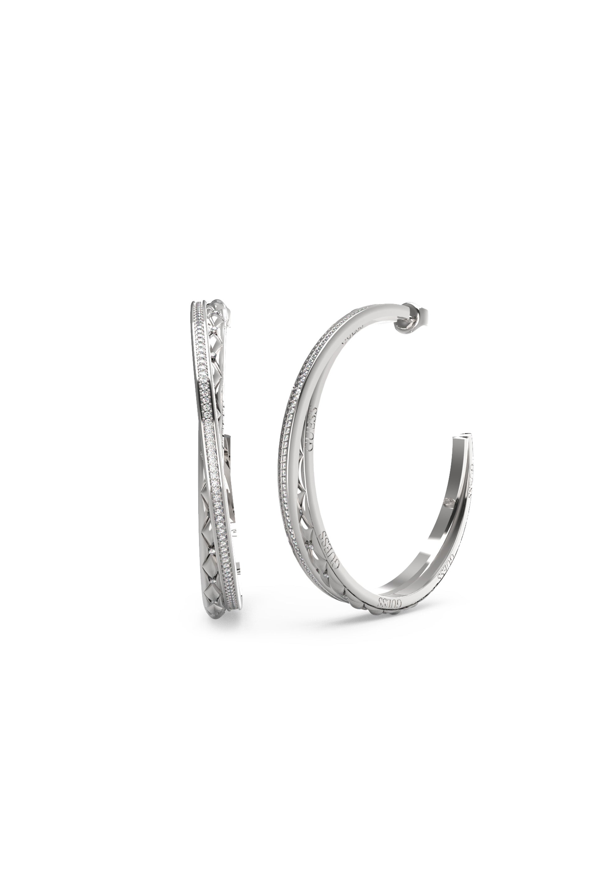 GUESS SILVER MATELASSE & PAVE HOOPS