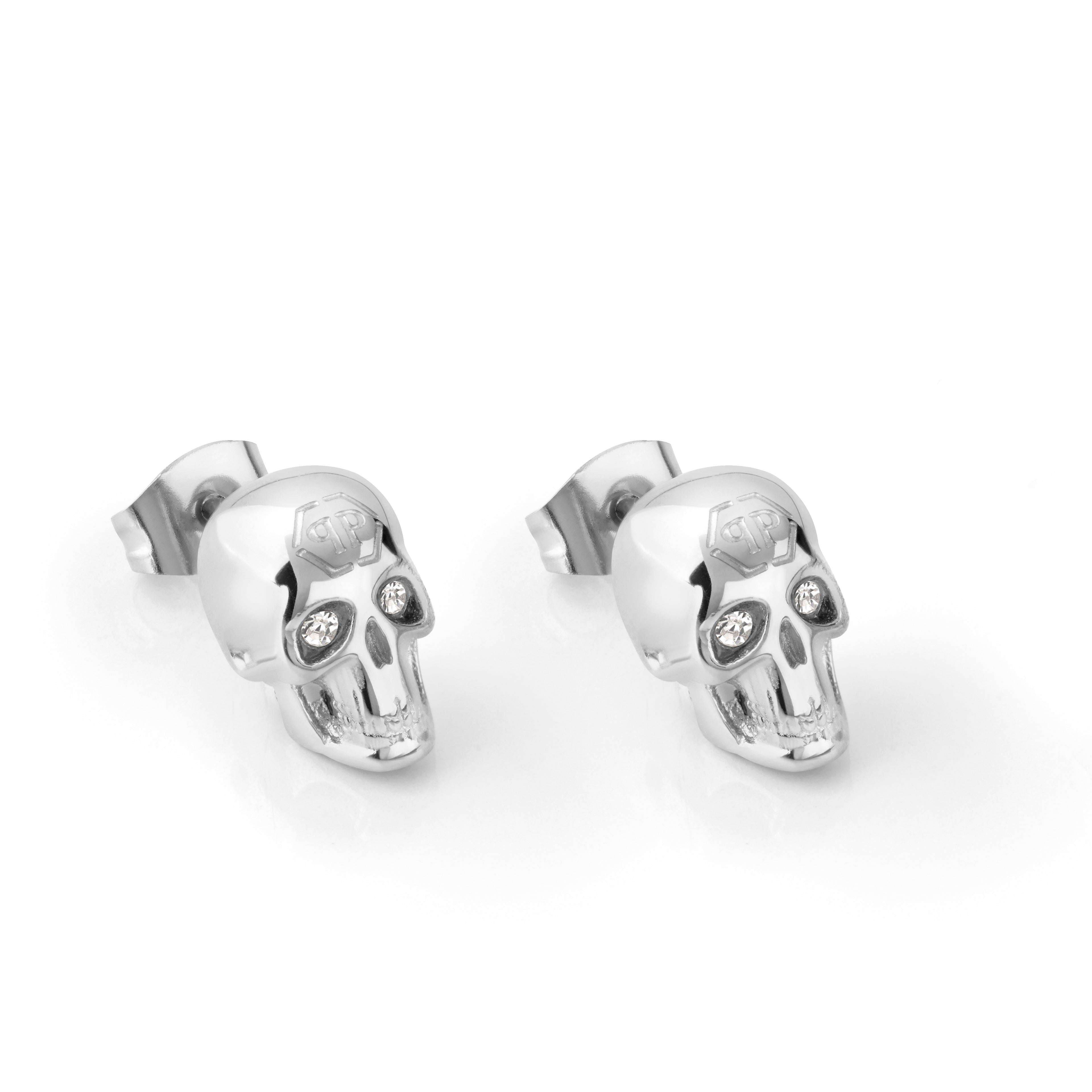 PHILIPP PLEIN 3D SKULL SILVER CRYSTAL EARRINGS