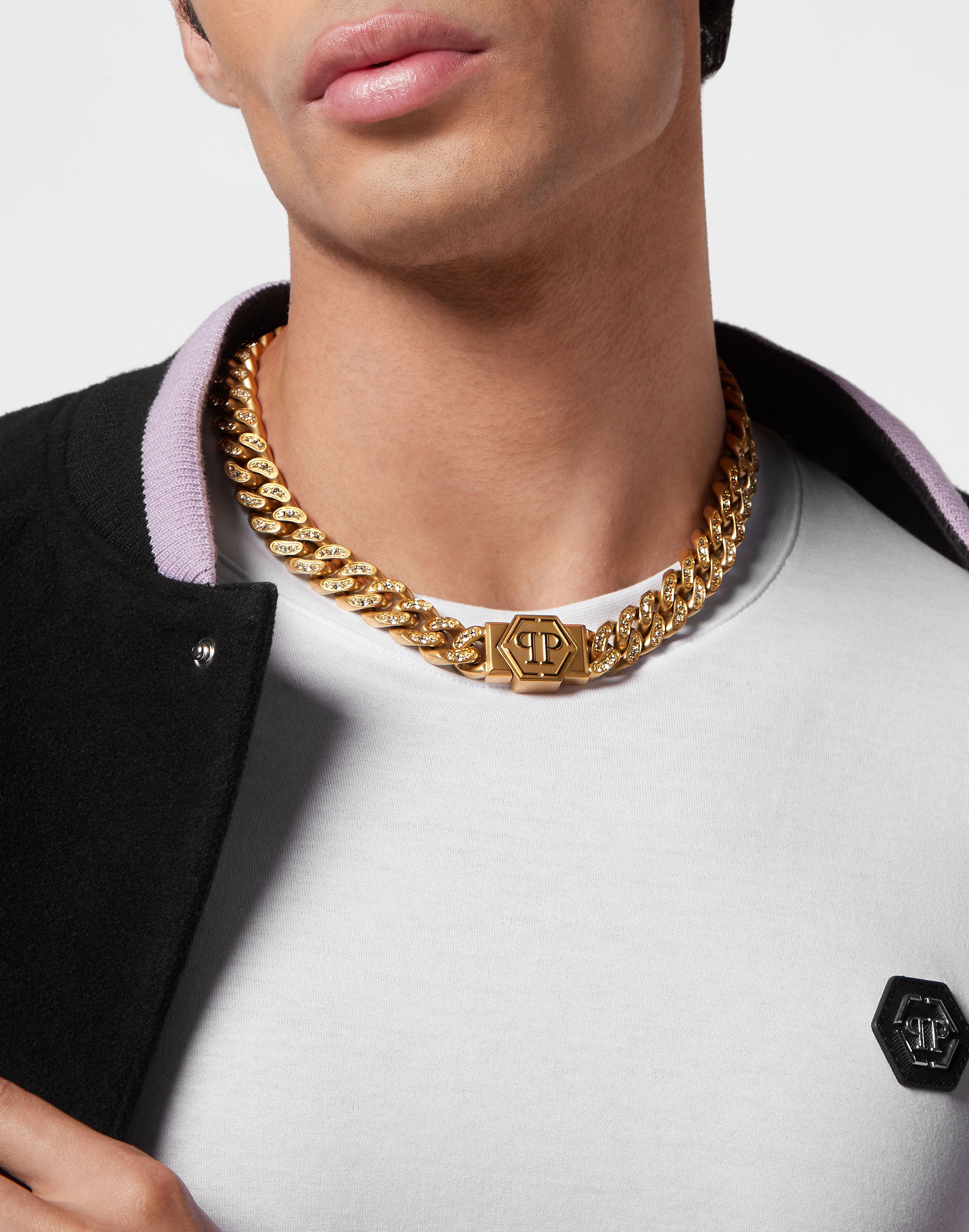 PHILIPP PLEIN HEXAGON GOLD CRYSTAL NECKLACE