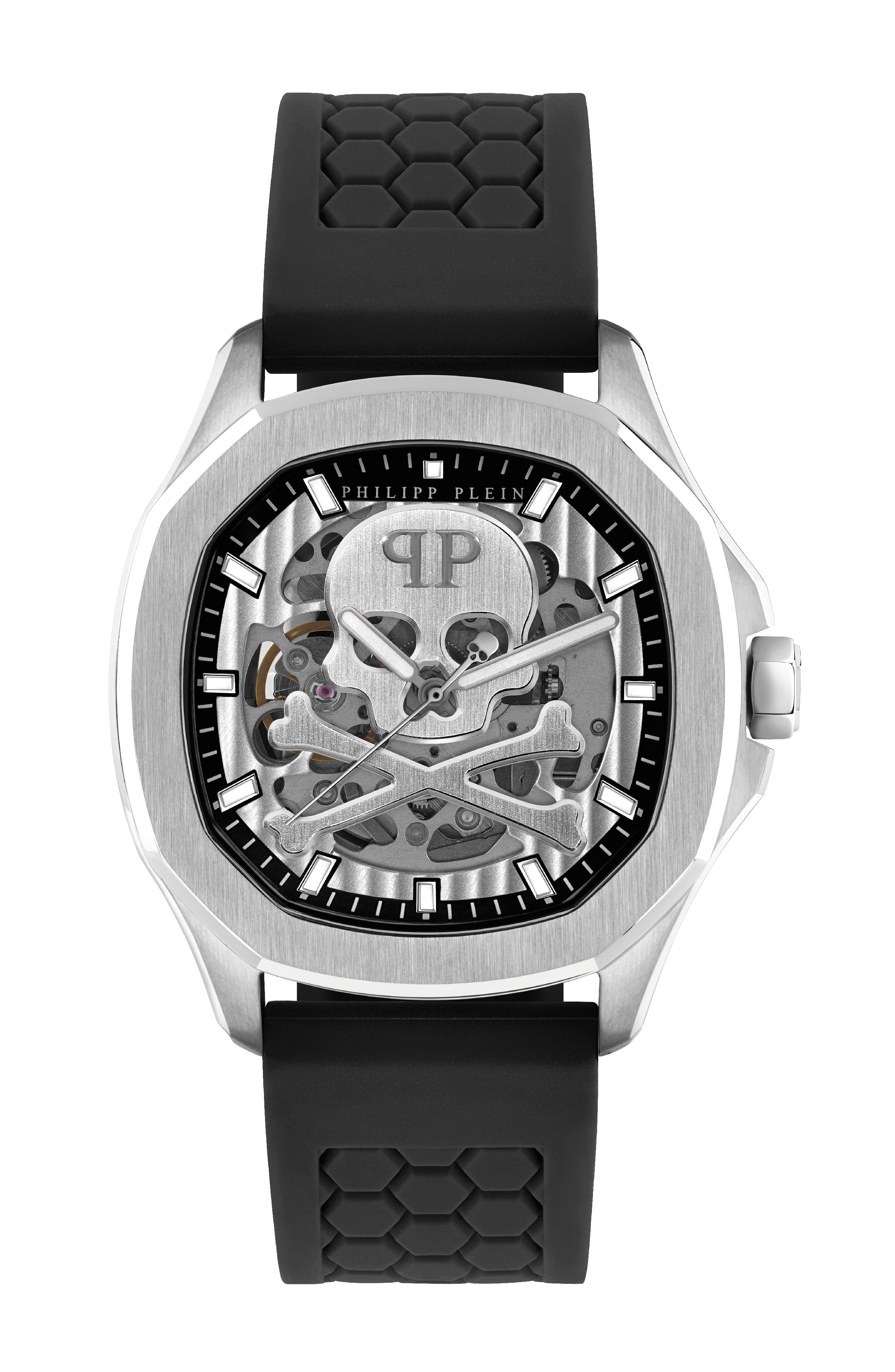 PHILIPP PLEIN SKELETON SPECTRE SILVER & BLACK SILICONE STRAP WATCH