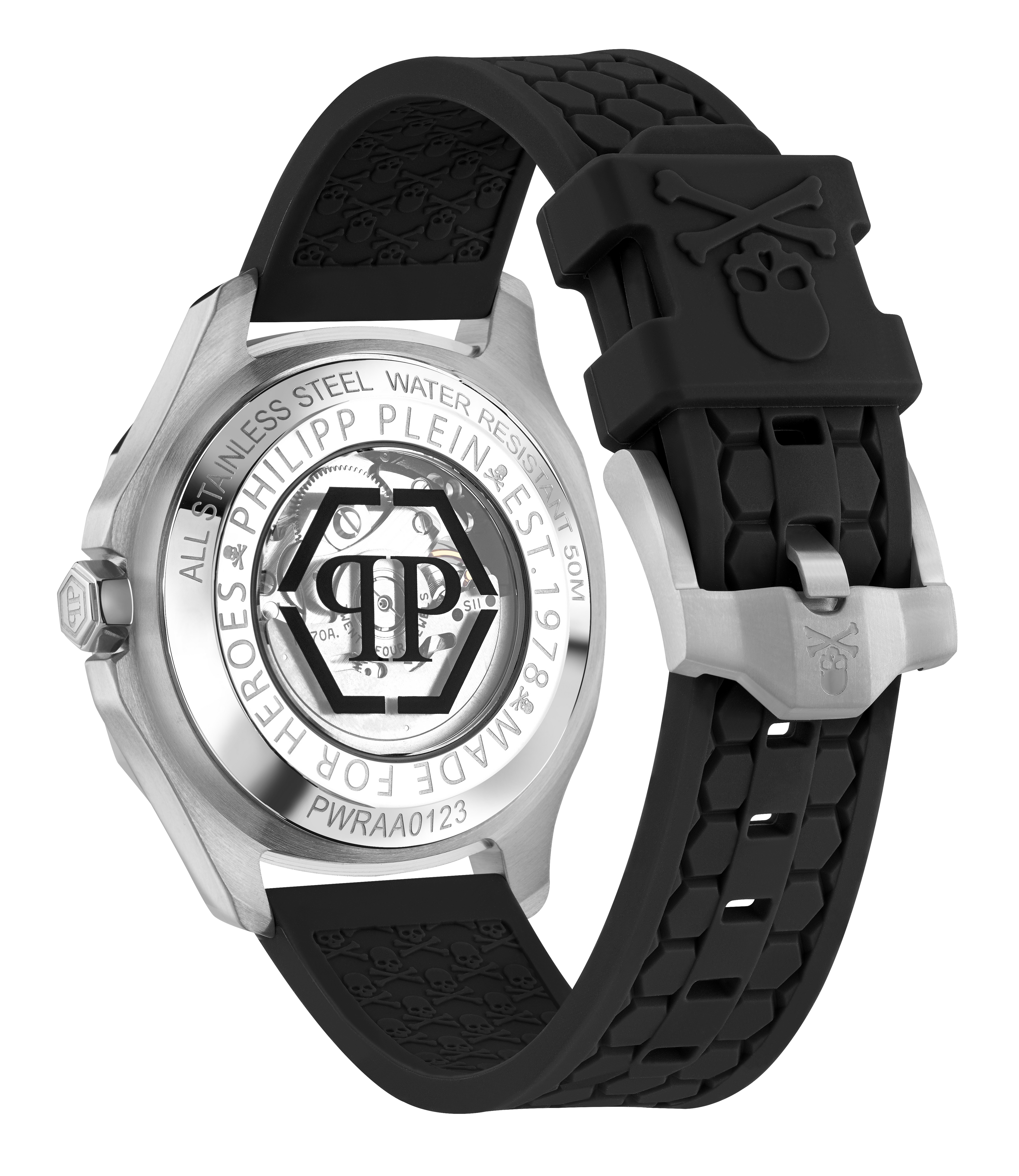 PHILIPP PLEIN SKELETON SPECTRE SILVER & BLACK SILICONE STRAP WATCH