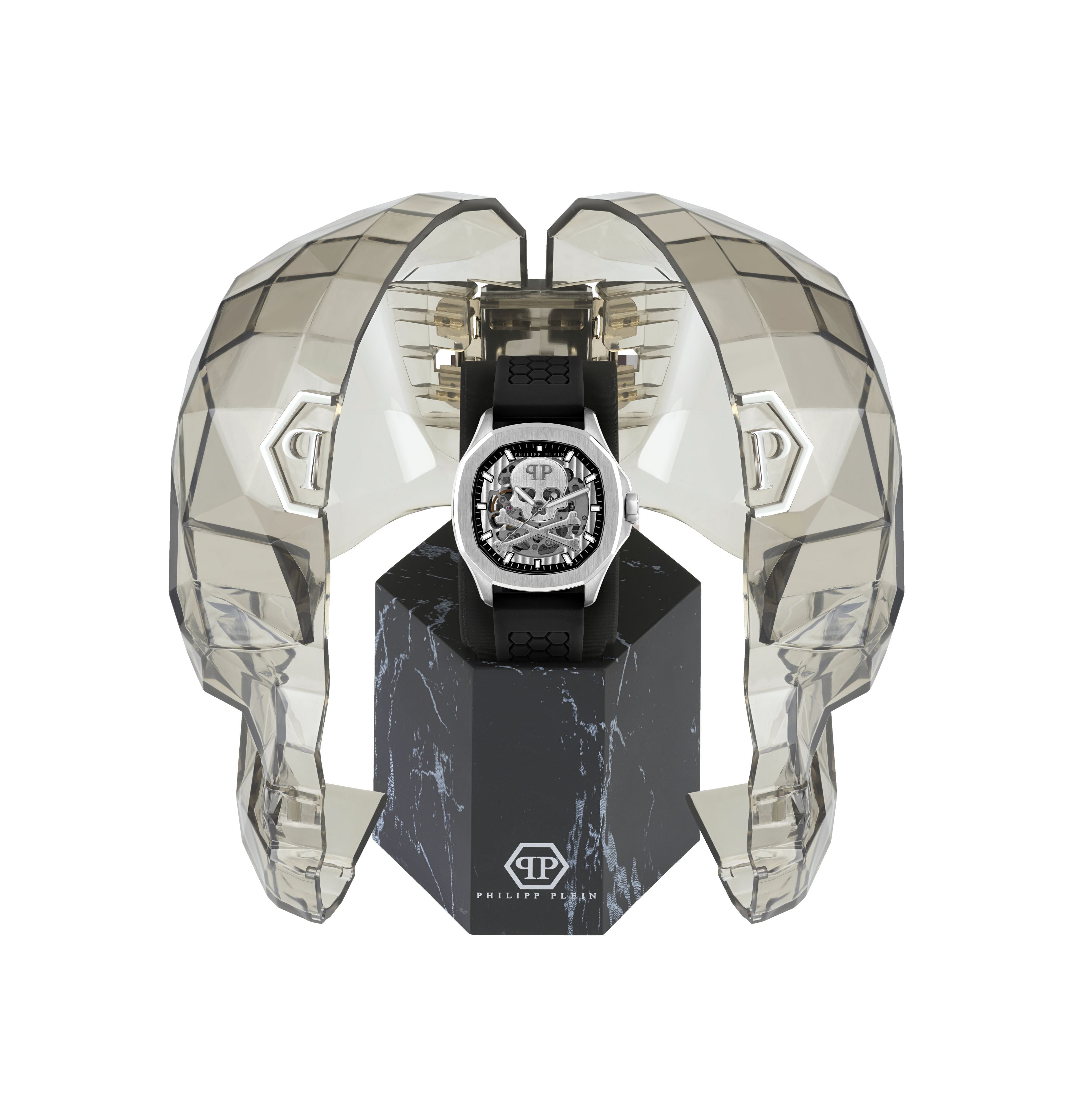 PHILIPP PLEIN SKELETON SPECTRE SILVER & BLACK SILICONE STRAP WATCH