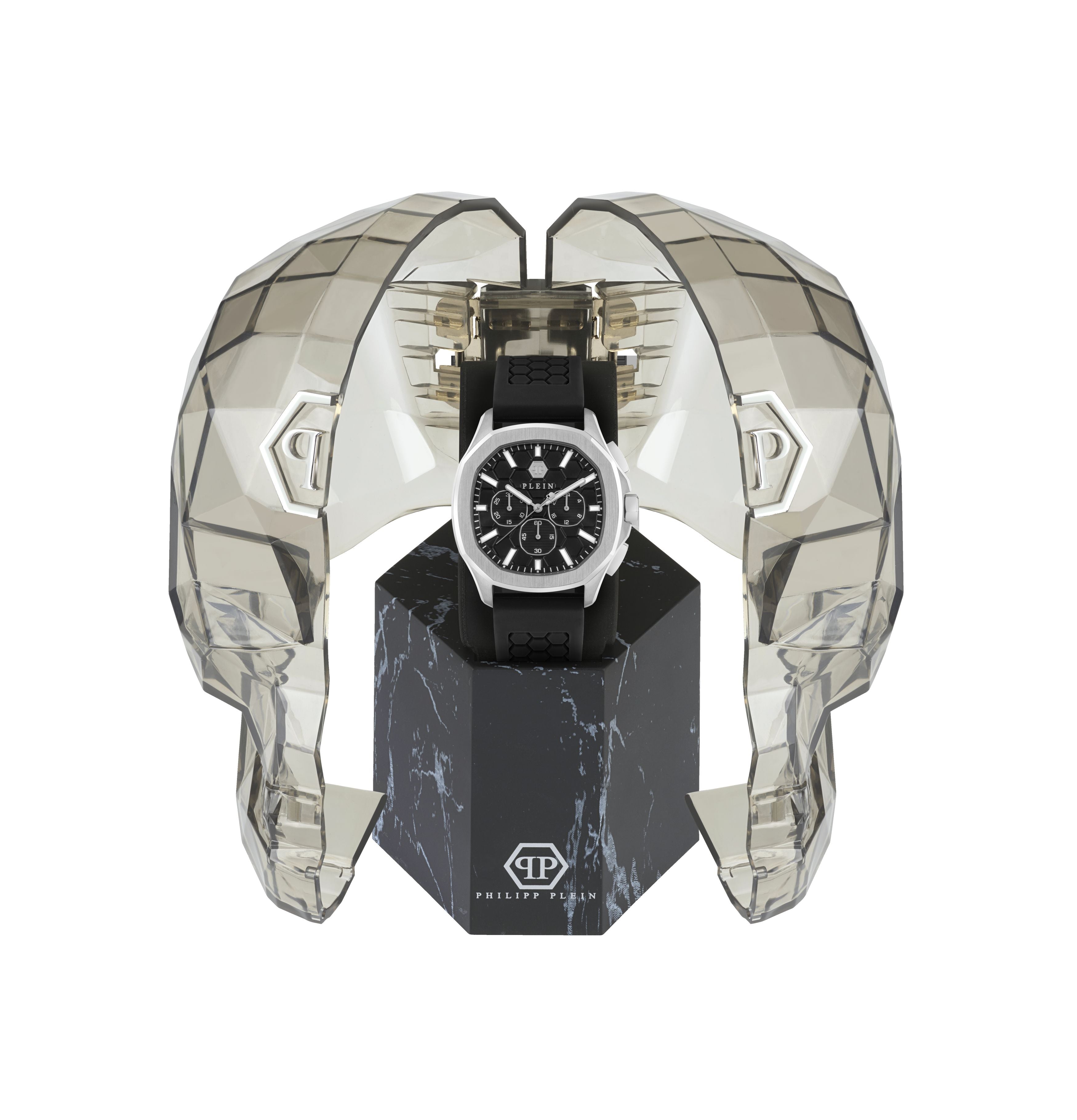 PHILIPP PLEIN CHRONO SPECTRE SILVER BLACK SILICONE STRAP WATCH