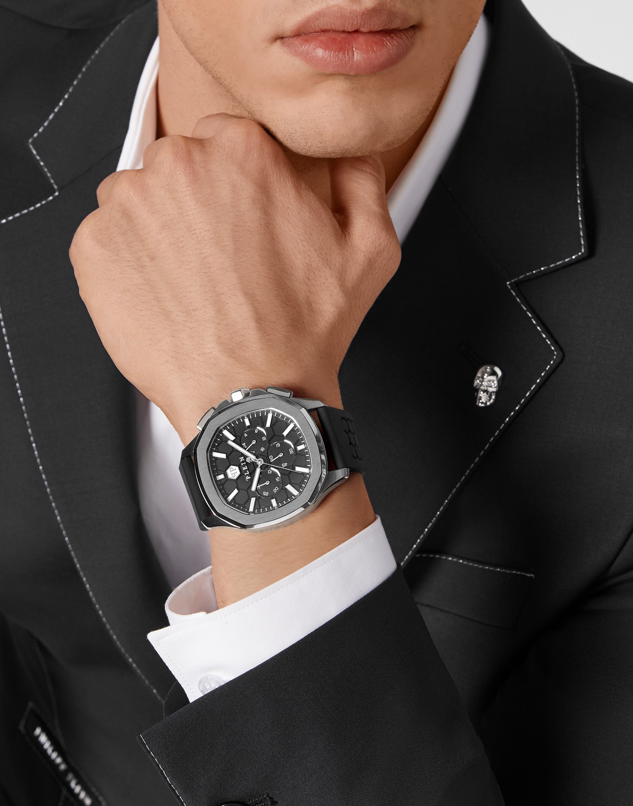 PHILIPP PLEIN CHRONO SPECTRE SILVER BLACK SILICONE STRAP WATCH