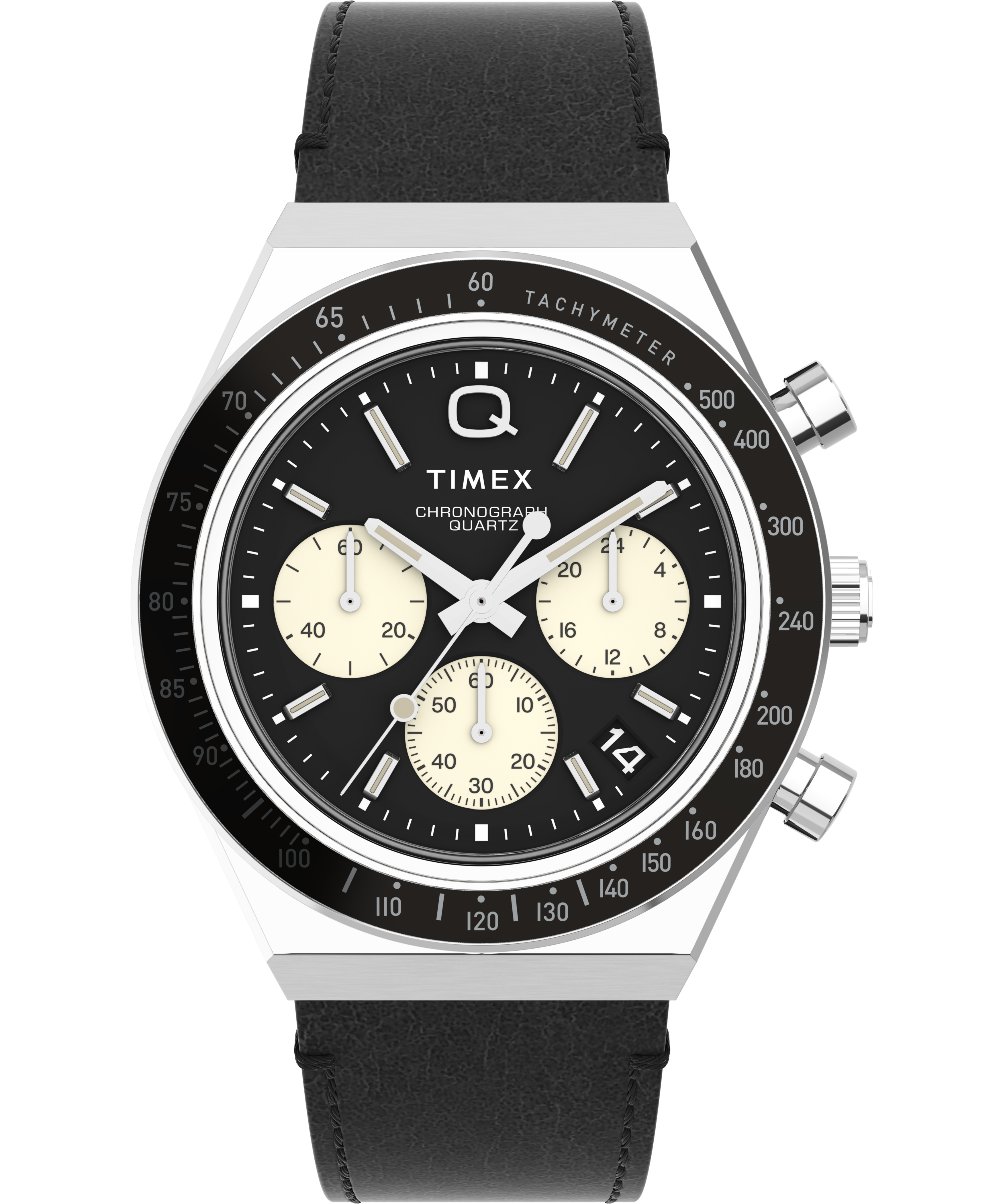 Q TIMEX CHRONOGRAPH BLACK LEATHER STRAP WATCH