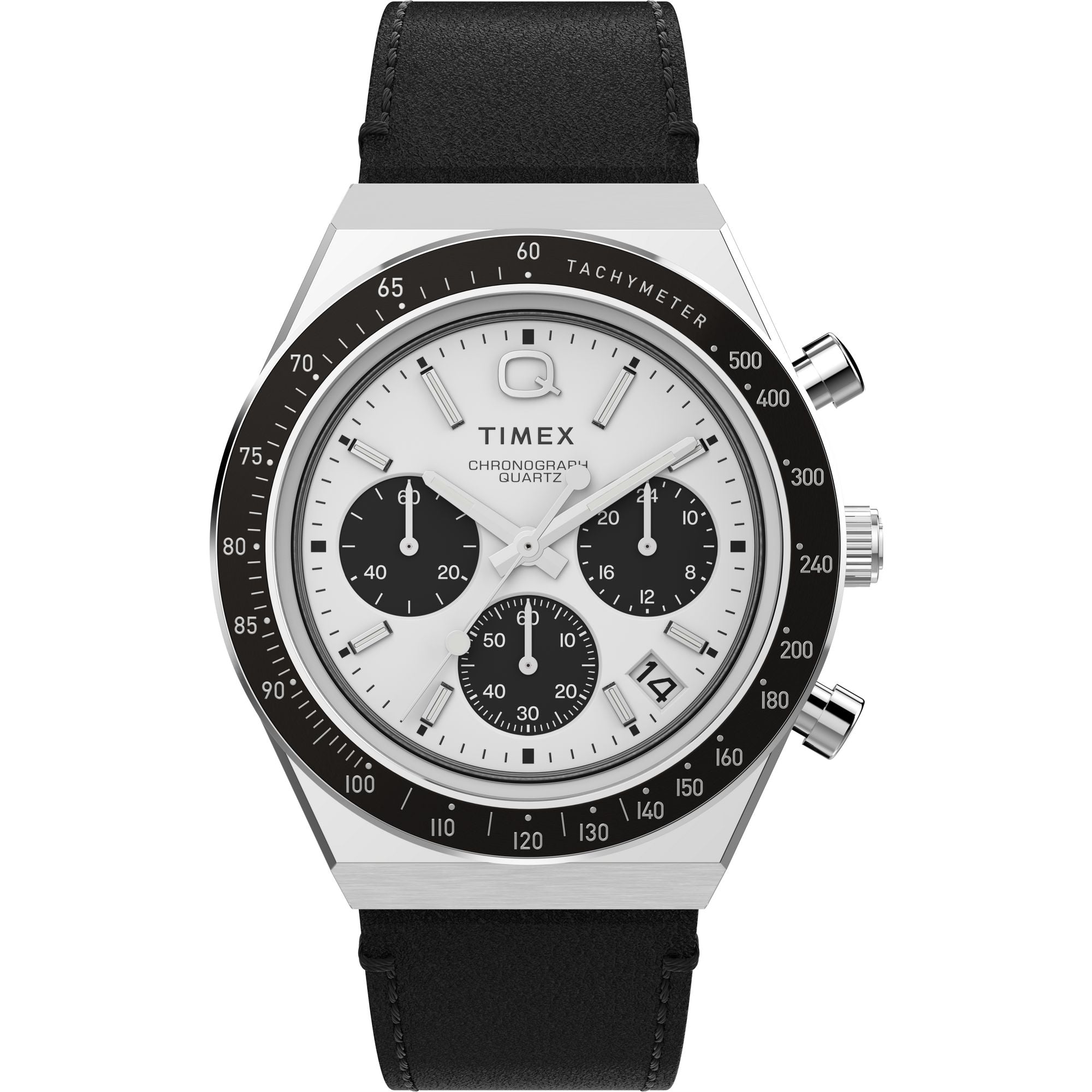 MEN’S Q TIMEX CHRONOGRAPH BLACK LEATHER STRAP WATCH