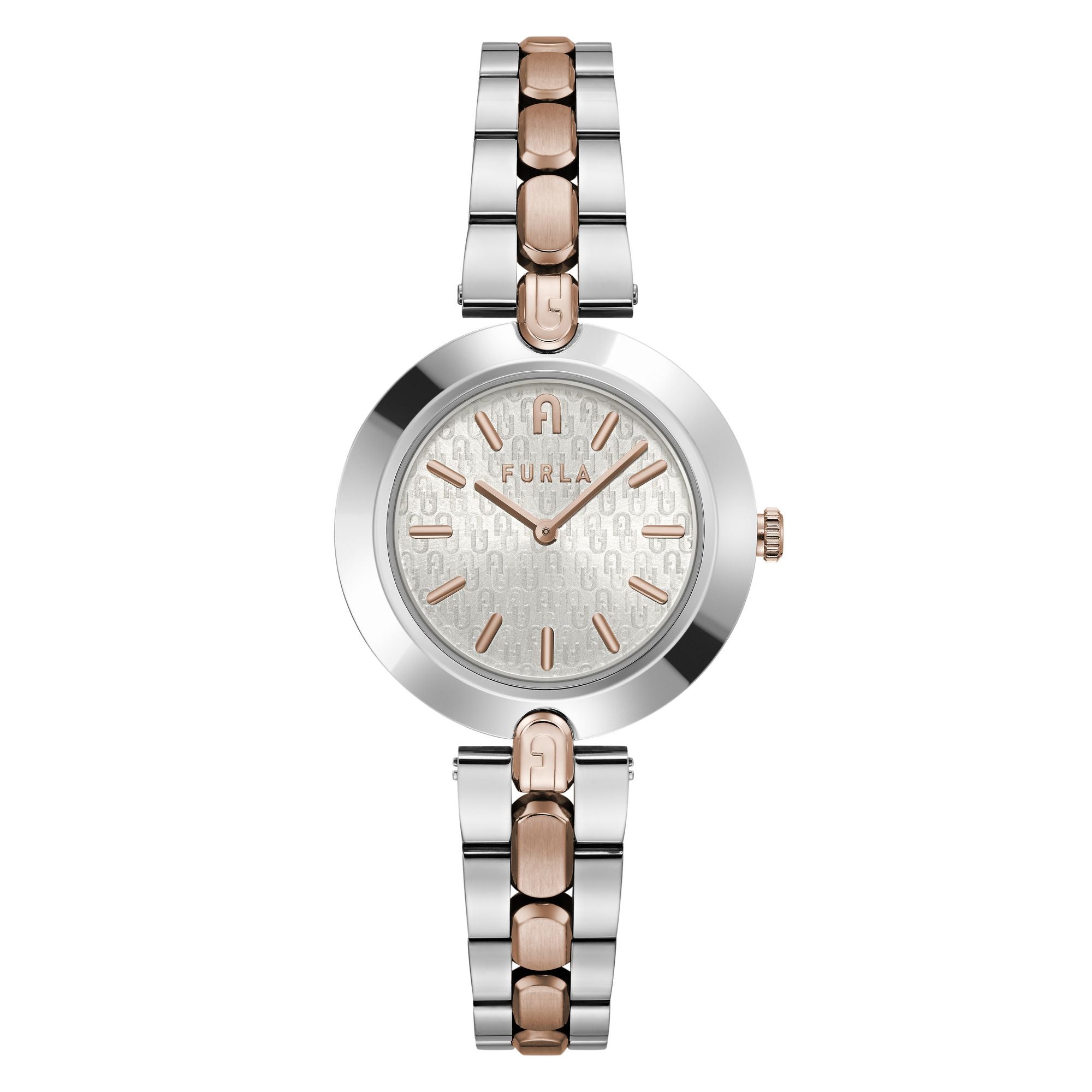 FURLA LOGO LINKS ROSE-GOLD SILVER BRACELET WATCH