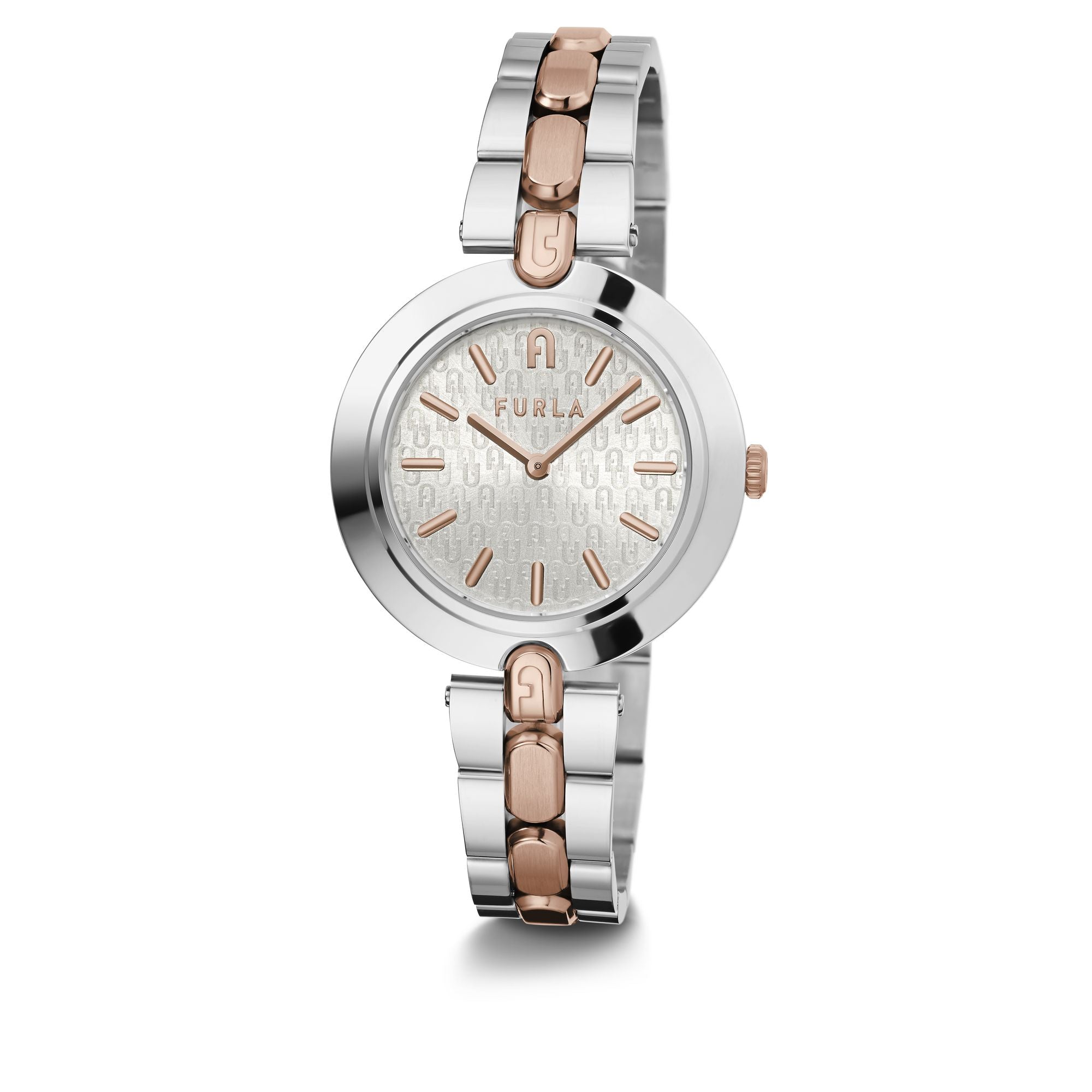 FURLA LOGO LINKS ROSE-GOLD SILVER BRACELET WATCH