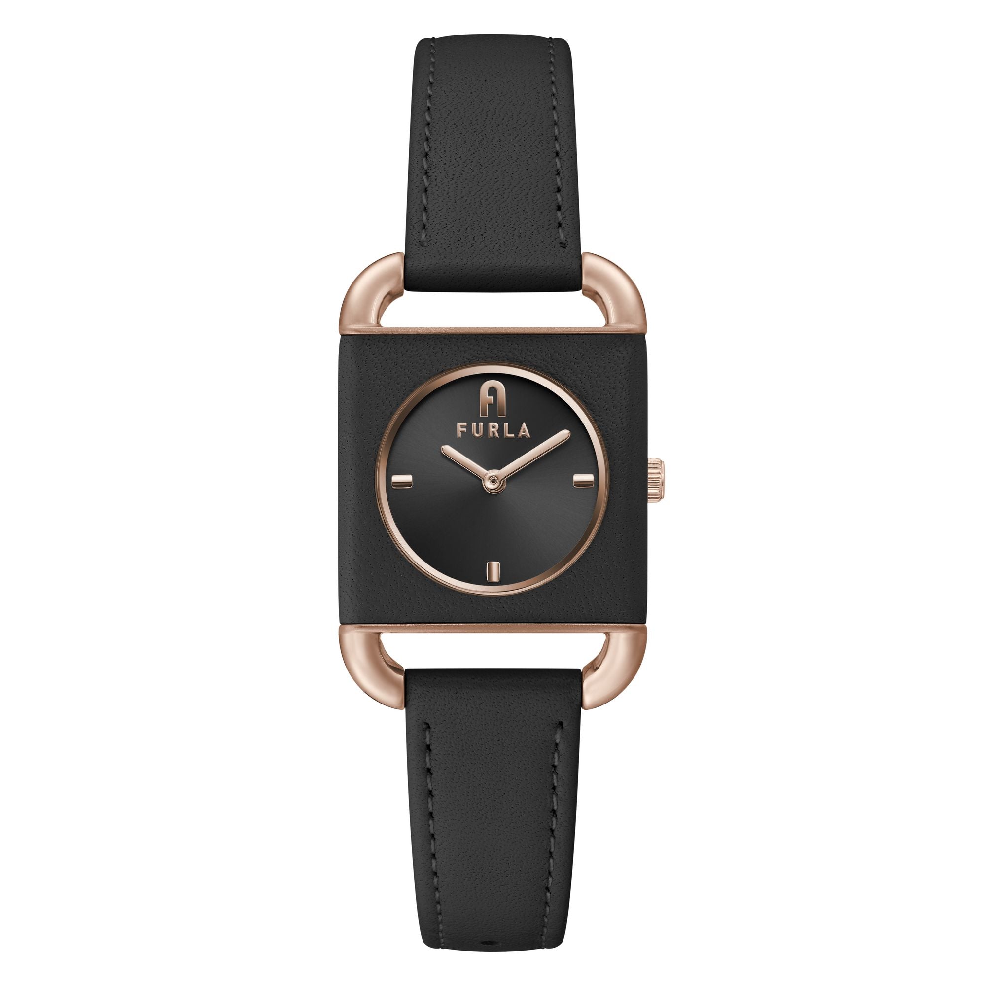 FURLA ARCO SQUARE ROSE-GOLD & BLACK LEATHER STRAP WATCH