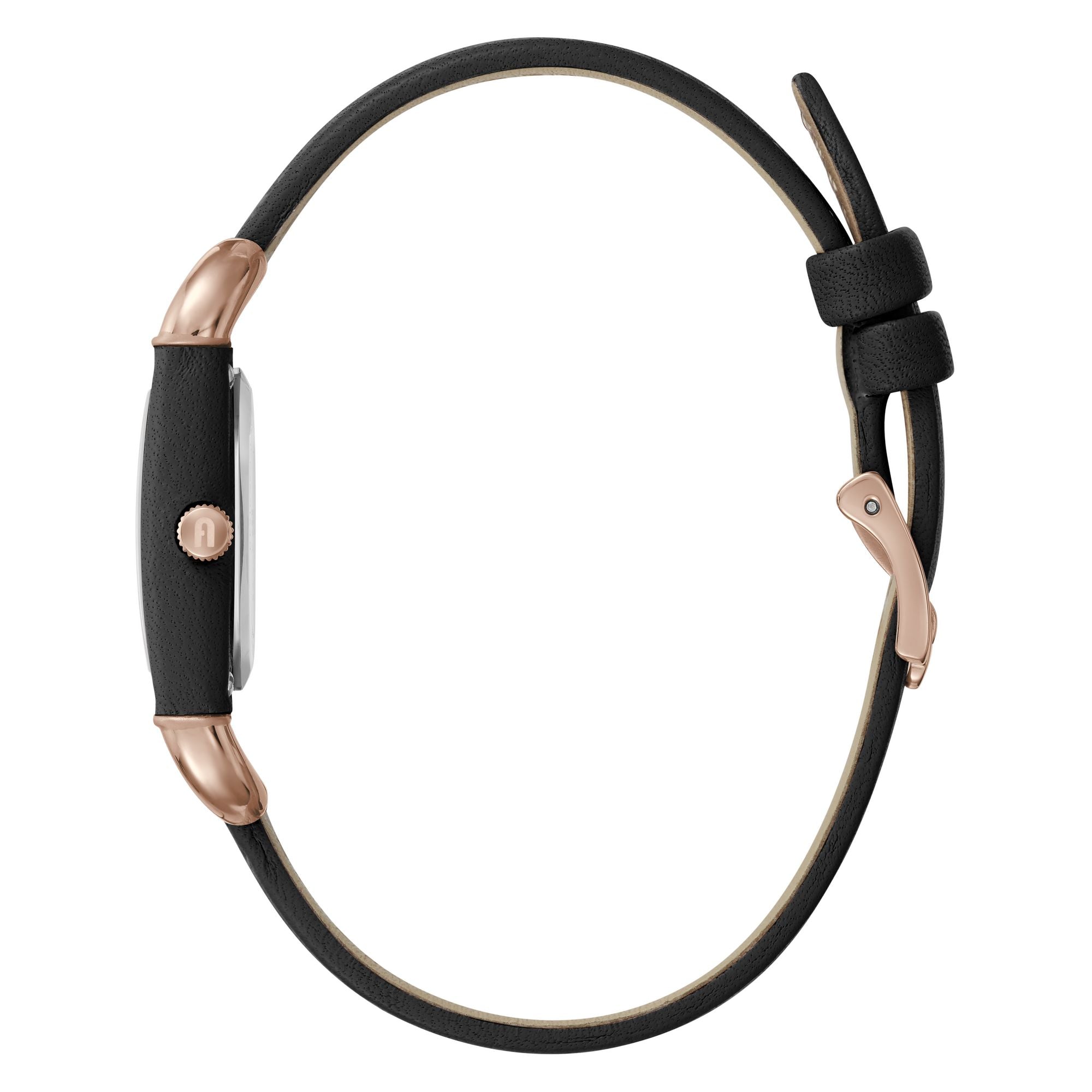 FURLA ARCO SQUARE ROSE-GOLD & BLACK LEATHER STRAP WATCH