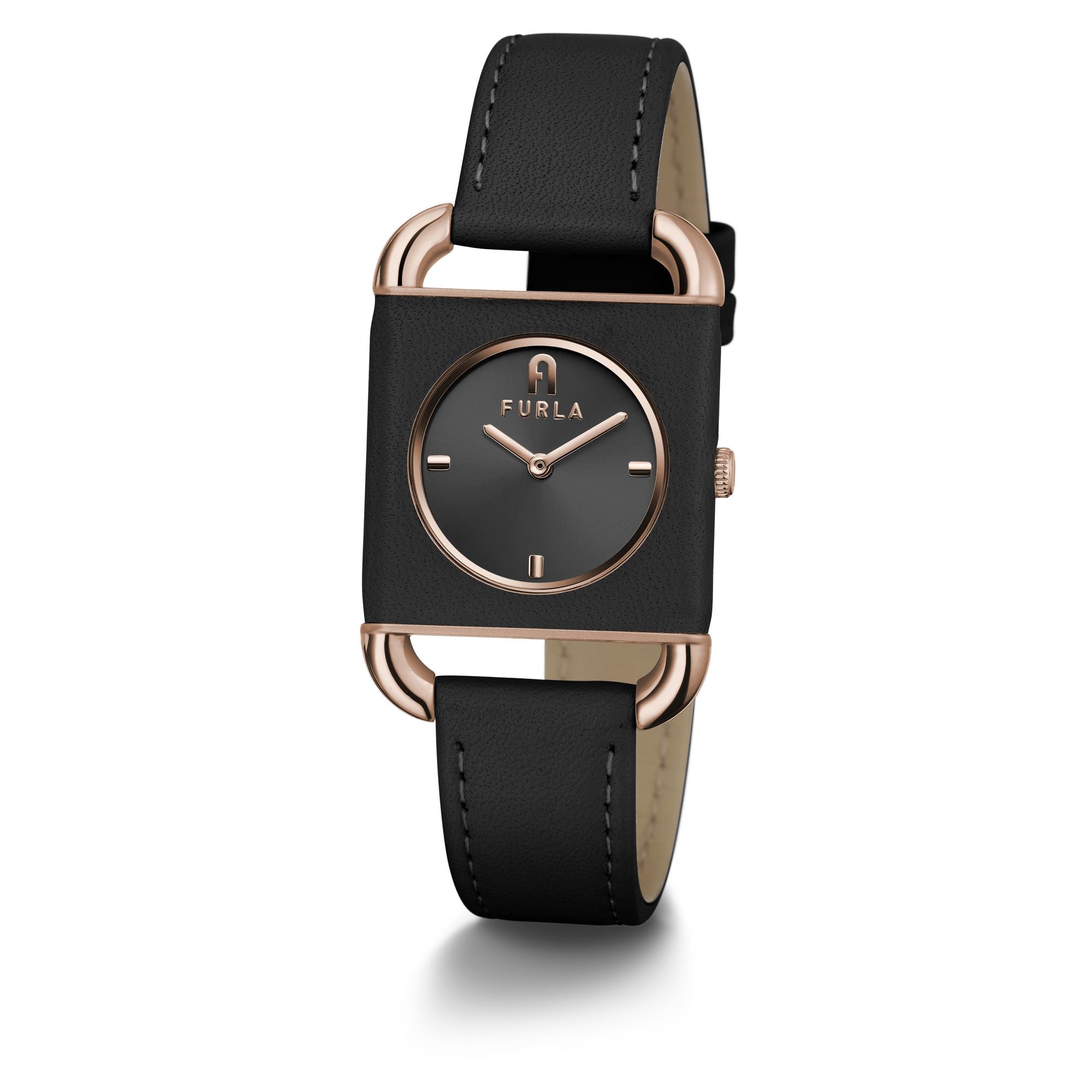 FURLA ARCO SQUARE ROSE-GOLD & BLACK LEATHER STRAP WATCH