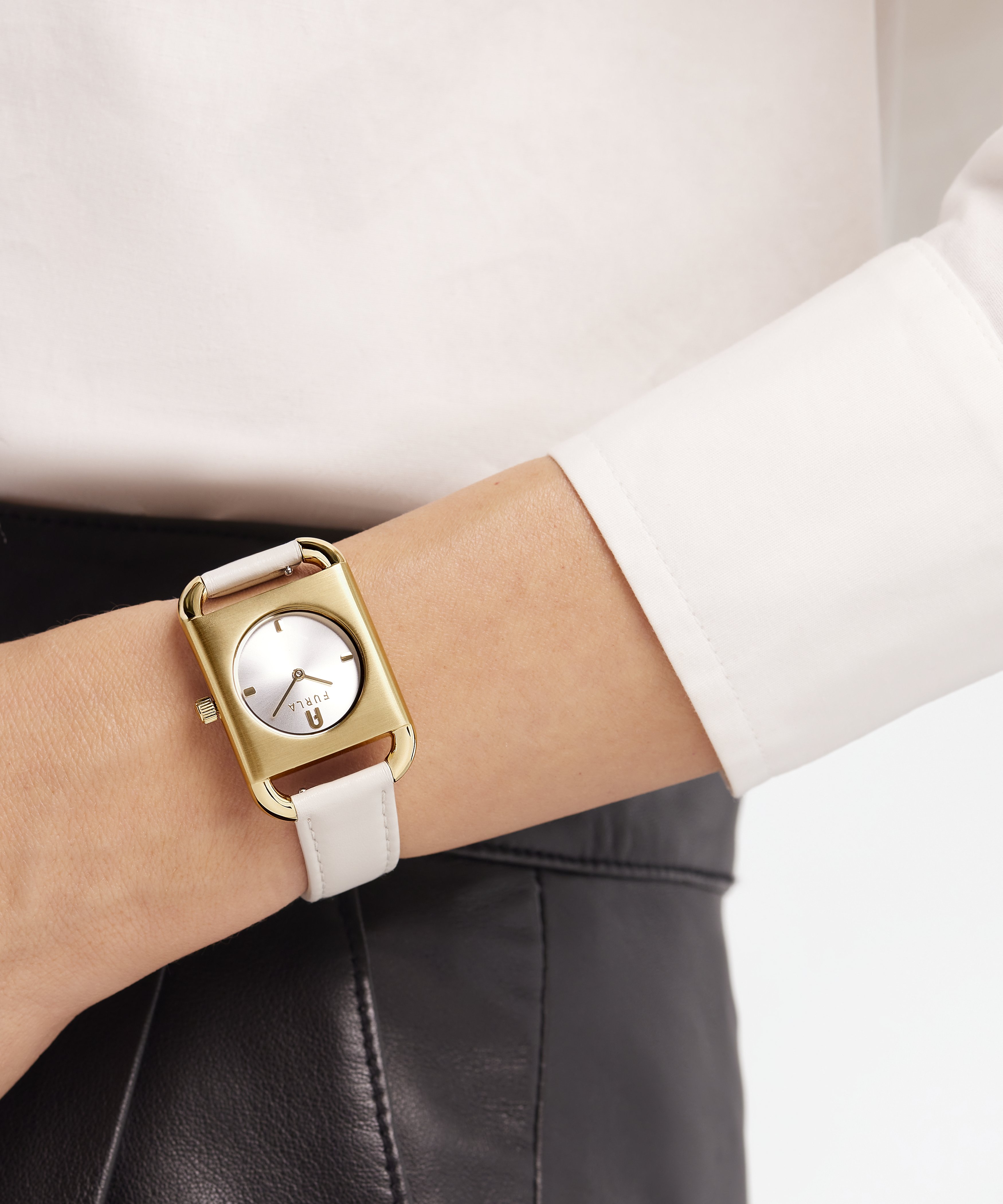 FURLA ARCO SQUARE -GOLD MARSHMELLOW LEATHER STRAP WATCH