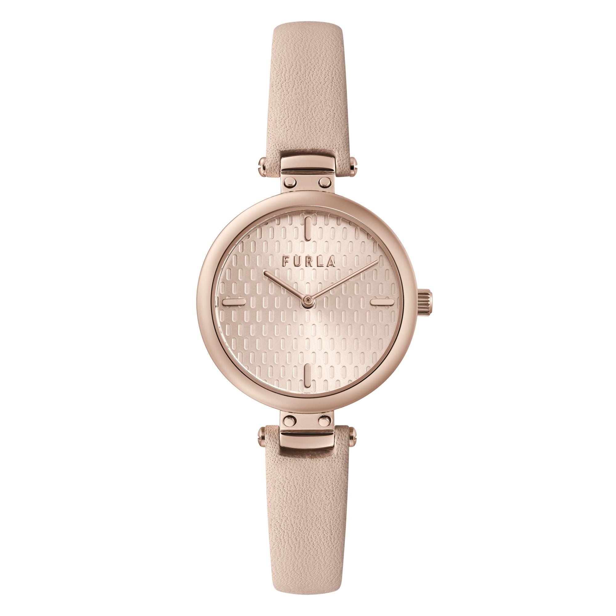FURLA PIN ROSE-GOLD & NUDE LEATHER STRAP WATCH