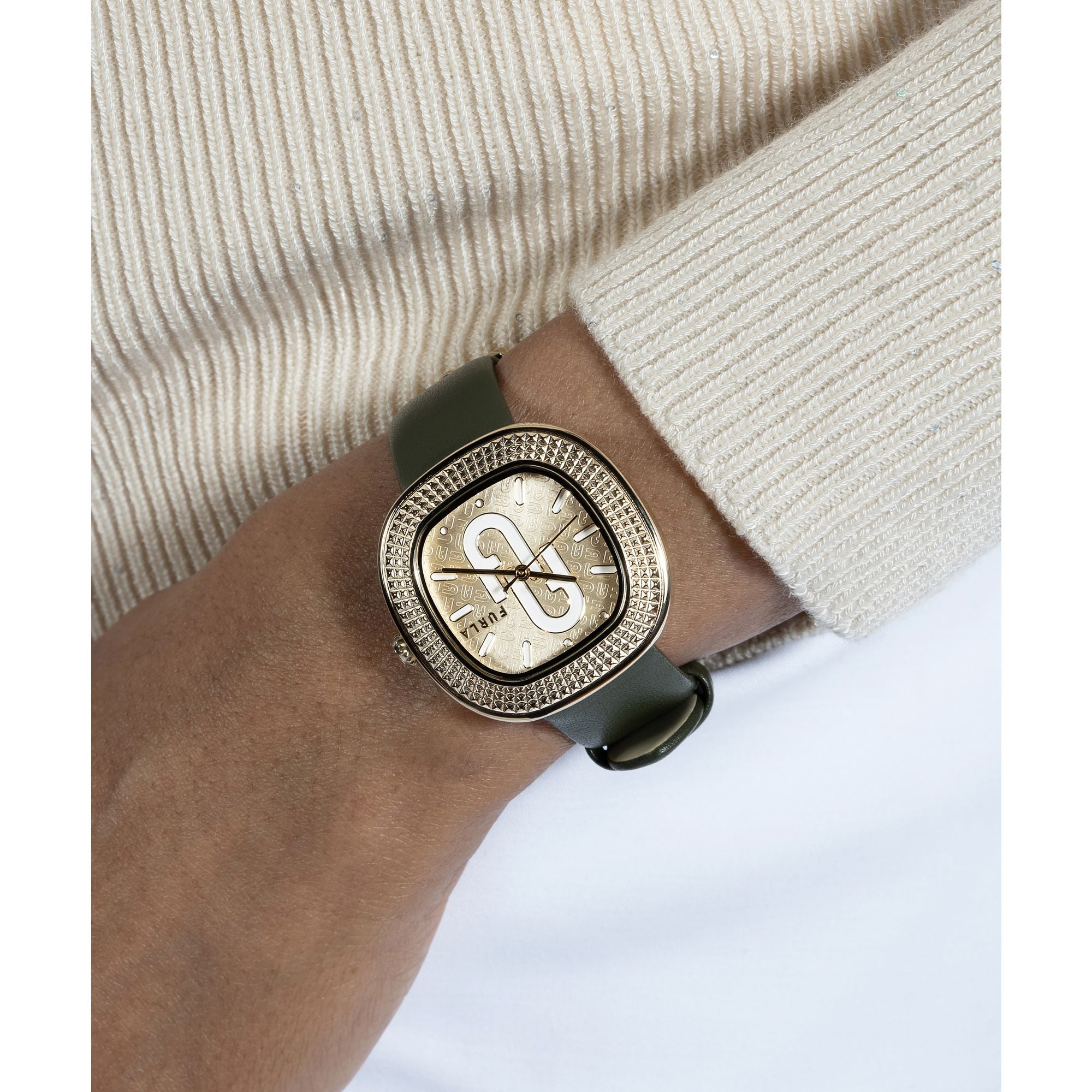 FURLA TV SHAPE GOLD GREEN LEATHER STRAP