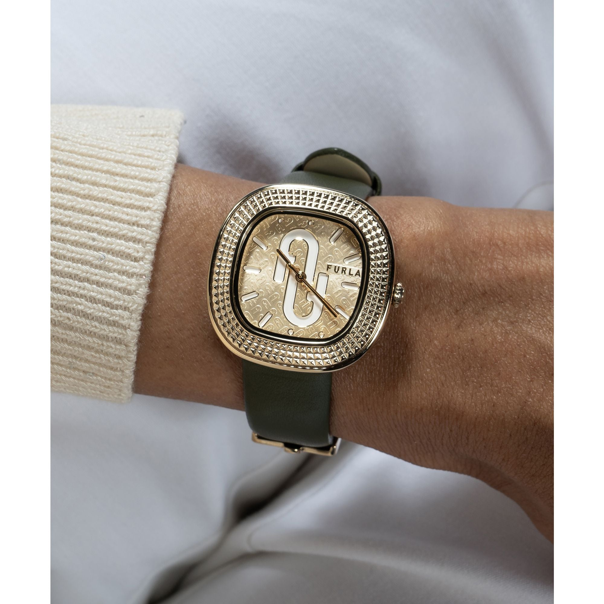 FURLA TV SHAPE GOLD GREEN LEATHER STRAP