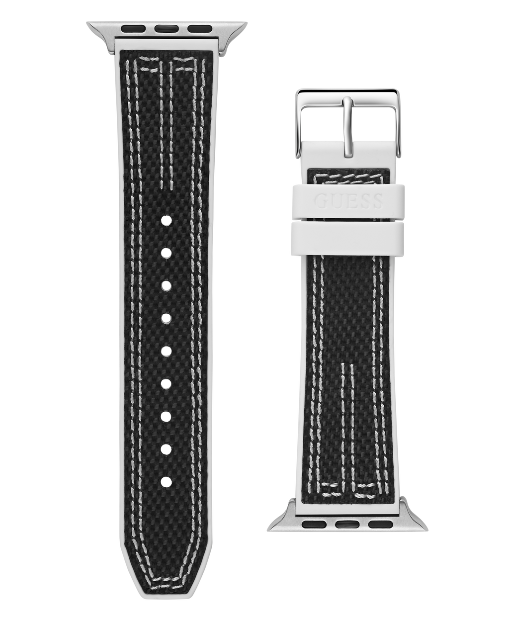 GUESS NYLON FLEX SILVER BUCKLE & WHITE STITCHED BLACK SILICONE STRAP