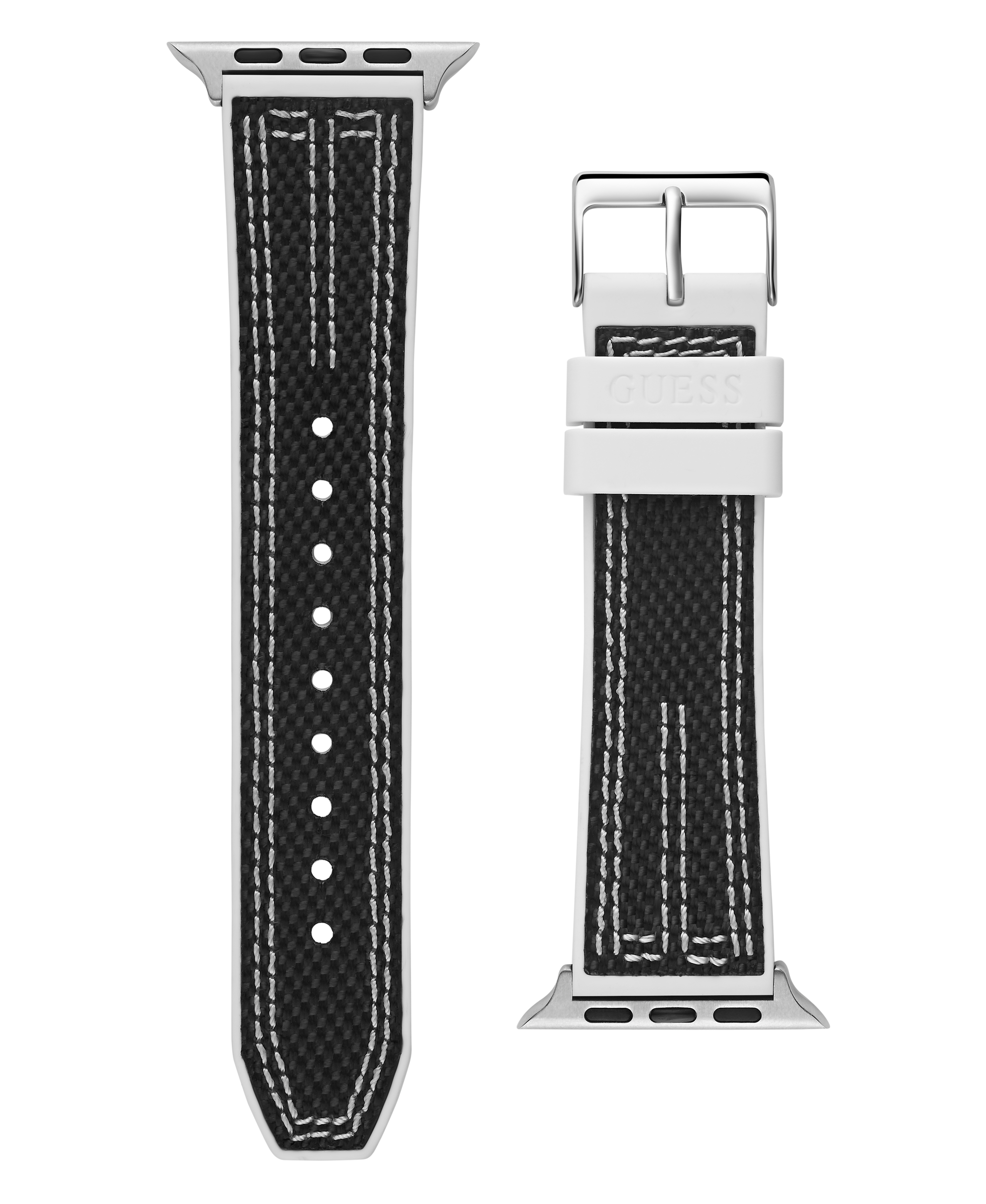 GUESS NYLON FLEX SILVER BUCKLE & WHITE STITCHED BLACK SILICONE STRAP