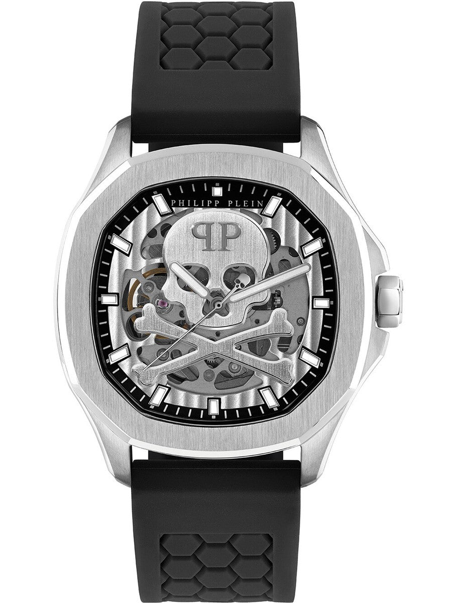 PHILIPP PLEIN SKELETON SPECTRE SILVER & BLACK SILICONE STRAP WATCH