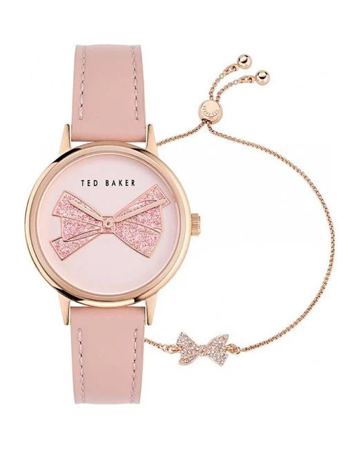 TED BAKER PHYLIPA PINK BOW LEATHER WATCH & BRACELET SET