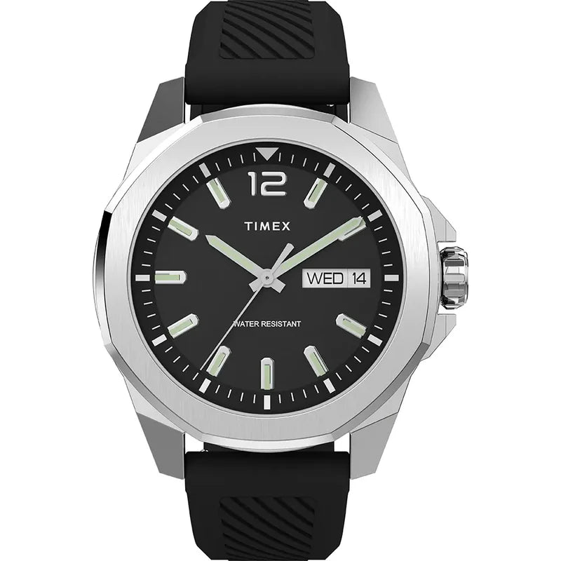 TIMEX MEN’S BLACK ESSEX SILICONE STRAP WATCH WITH DAY/ DATE DISPLAY